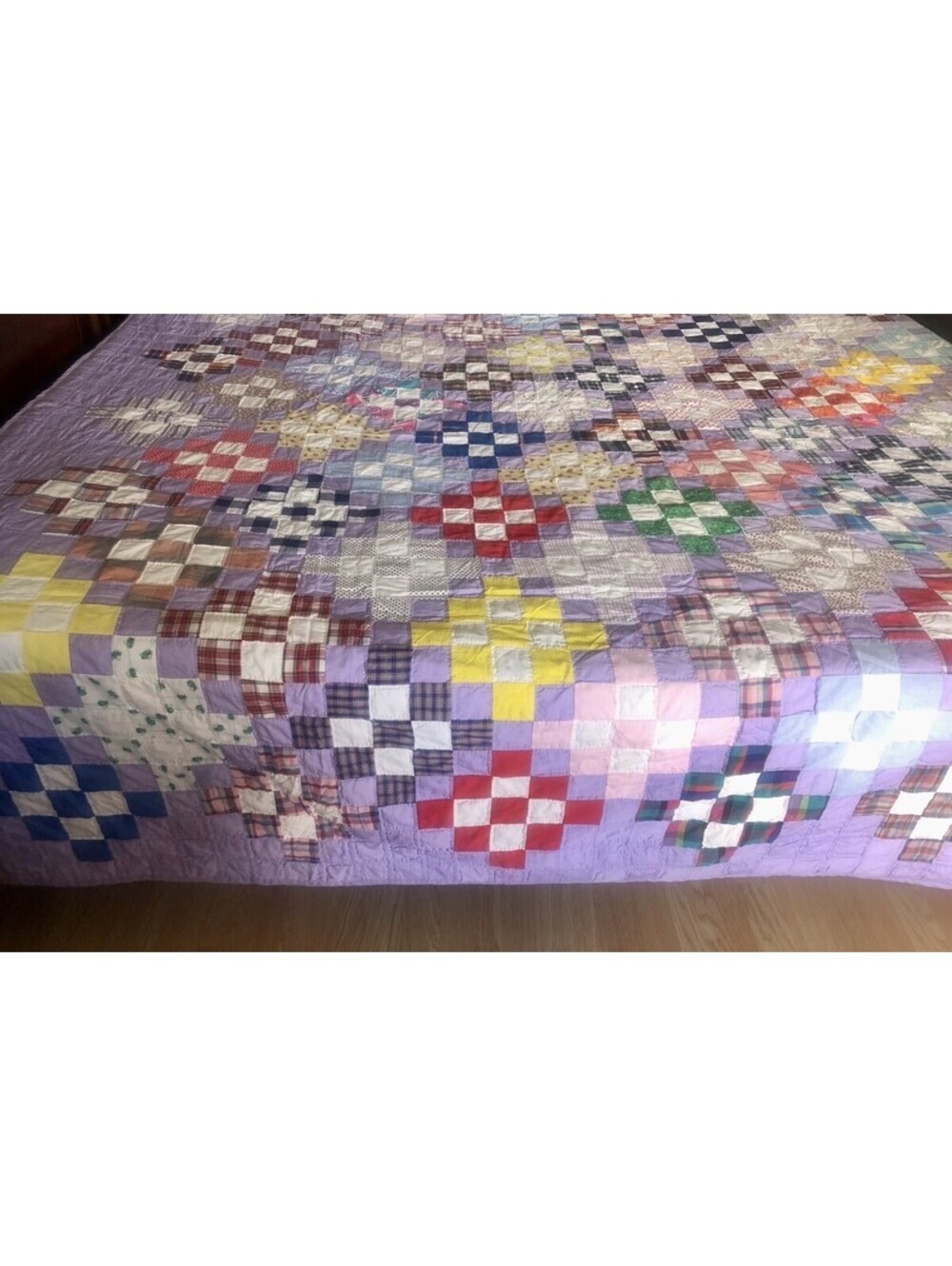 VTG Handmade Patchwork Quilt 90”x90” Purple Multicolor Floral Geometric Blanket